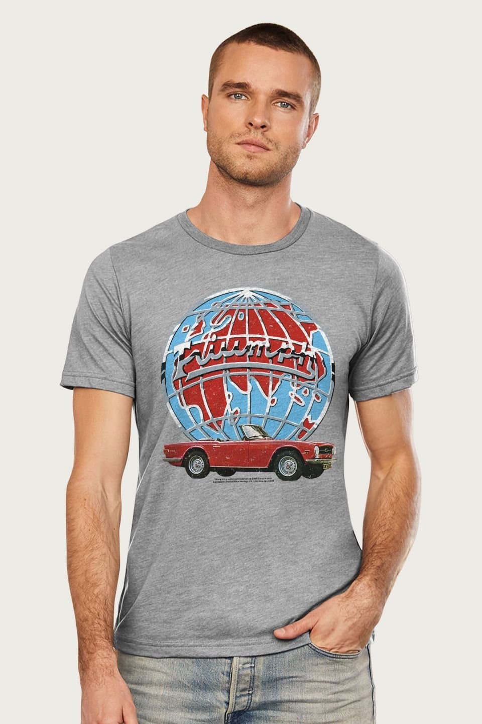 Triumph Motor Company Triumph Motor Company Men's Globe Stag Sports Car 1970 British Motor Heritage T-Shirt in Mid Grey