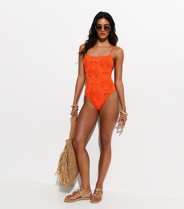 New Look Women's Bright Orange Crochet Beaded Swimsuit New Look - 3