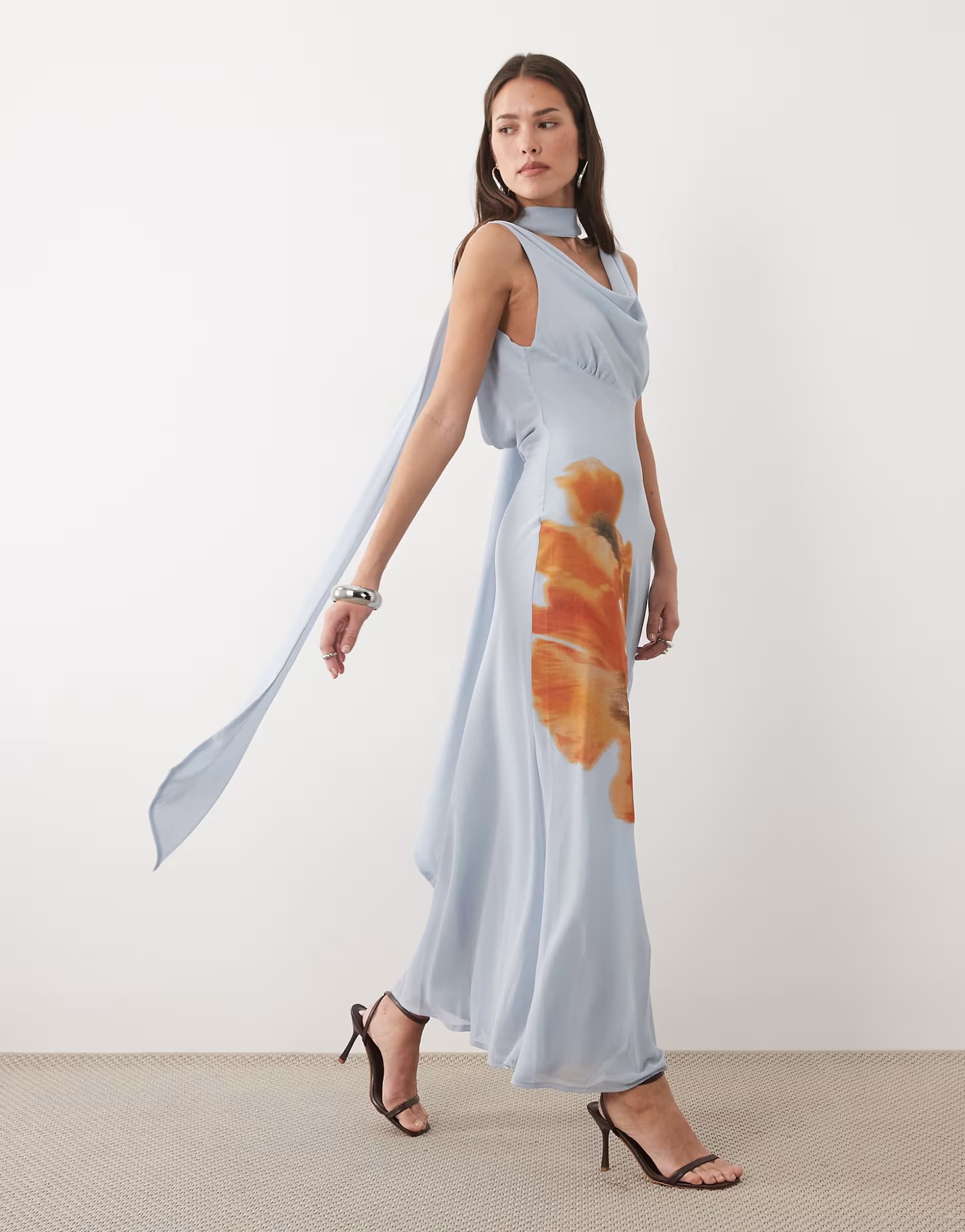 ASOS Never Fully Dressed Sophie cowl neck maxi dress with oversized floral in ice blue