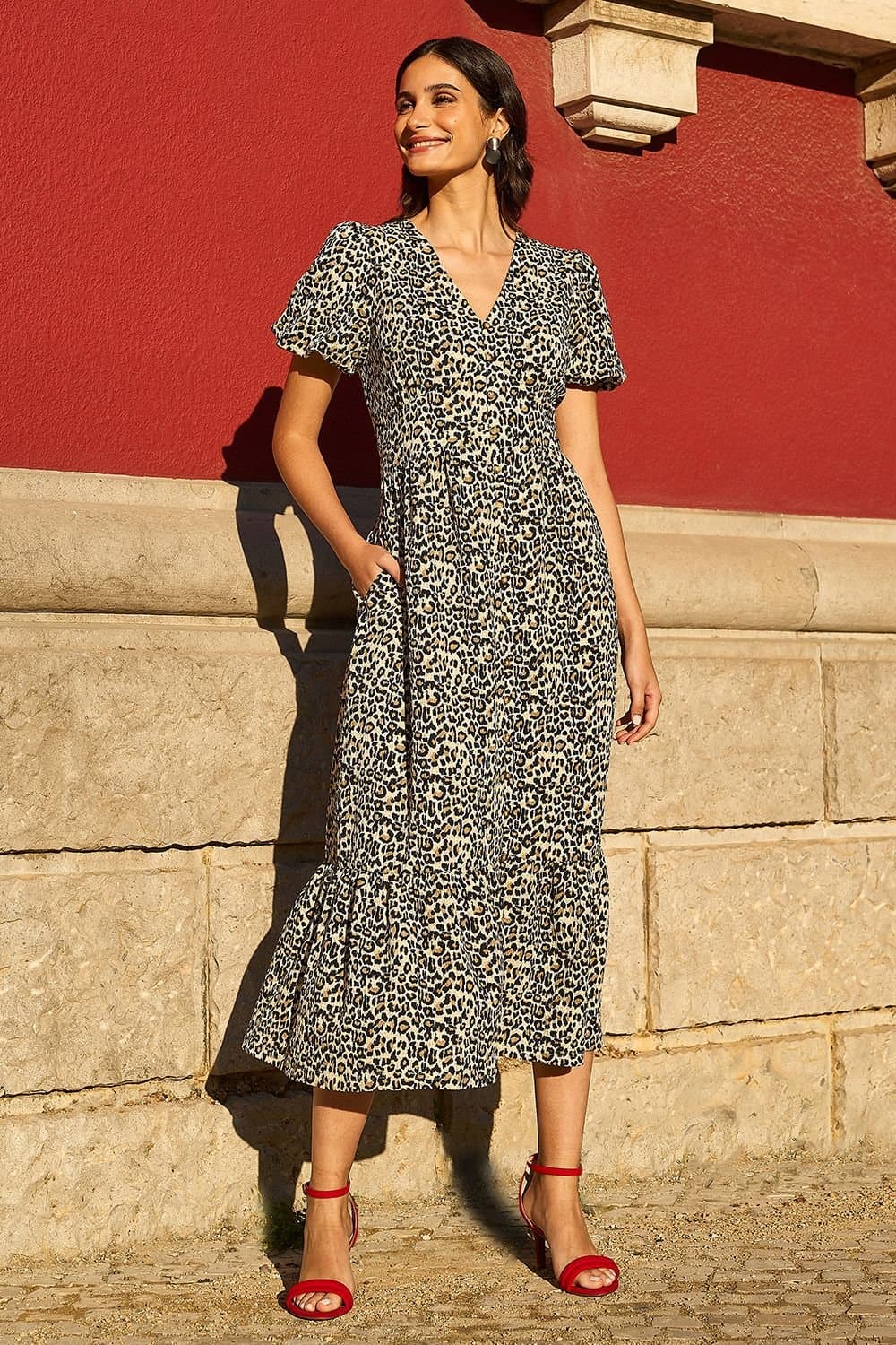 Yumi Yumi Women's Brown Leopard Print Pleated Button Through Midi Dress