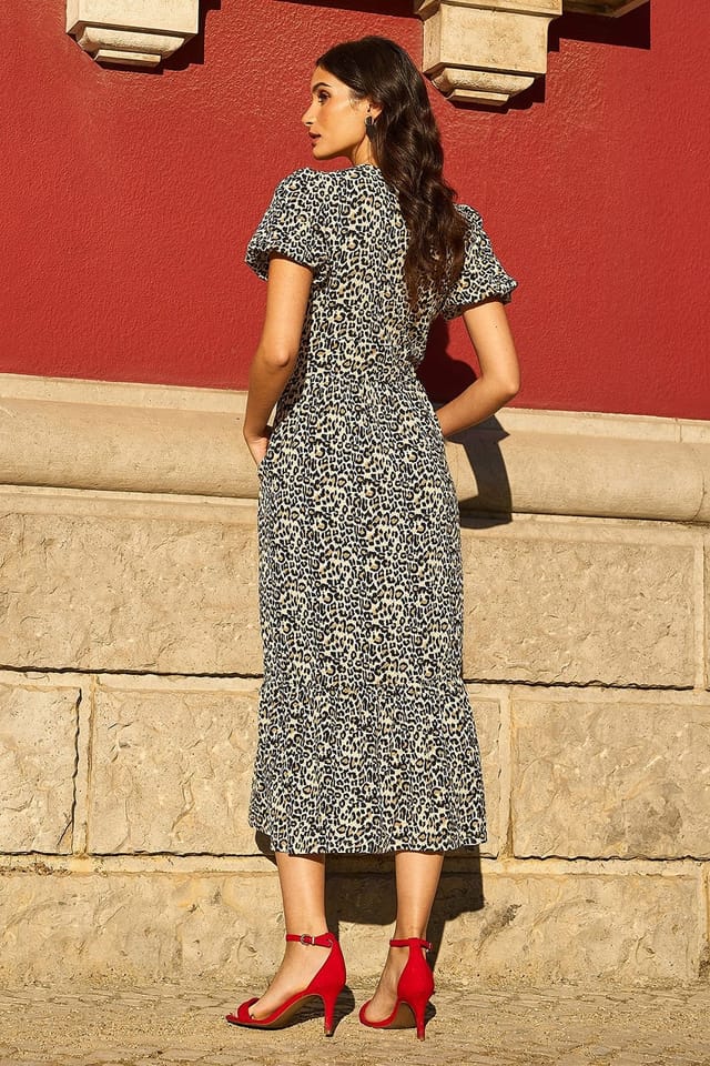 Yumi Yumi Women's Brown Leopard Print Pleated Button Through Midi Dress - 3