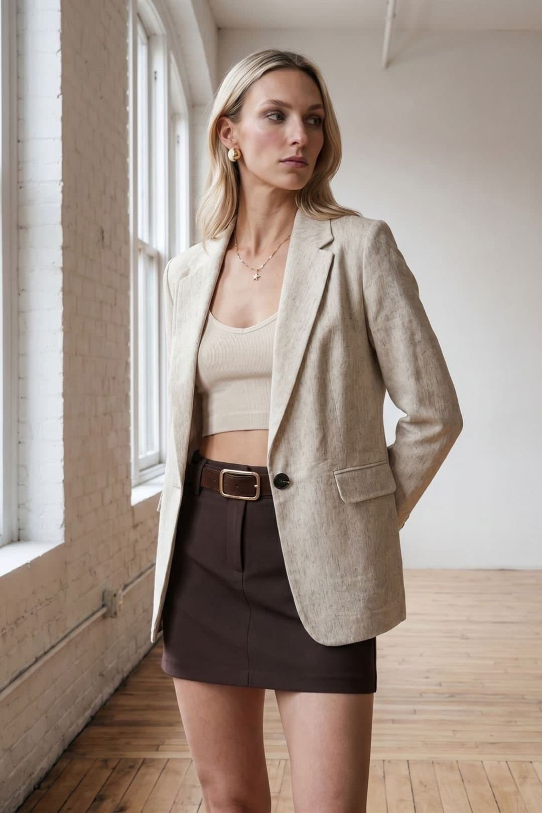 Dilvin Dilvin Women's Woven Blazer Jacket With Shawl Collar in Medium Beige