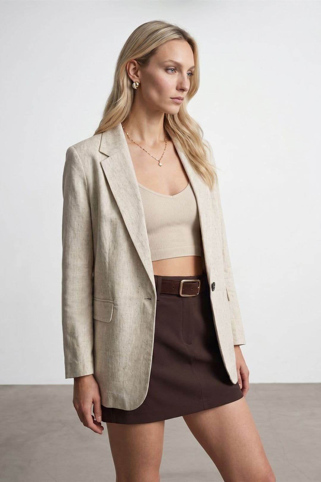 Dilvin Dilvin Women's Woven Blazer Jacket With Shawl Collar in Medium Beige - 4