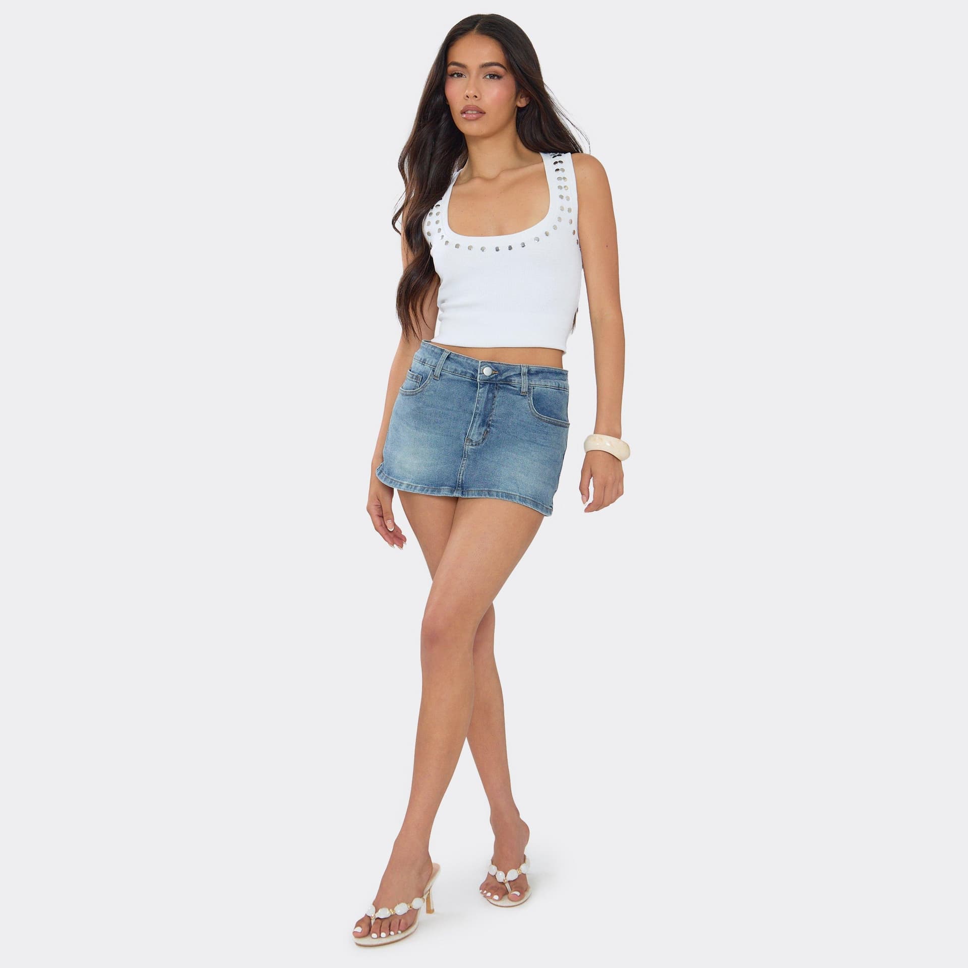 EGO Low Rise Mini Skort In Blue Wash Denim, Women's Size UK 6