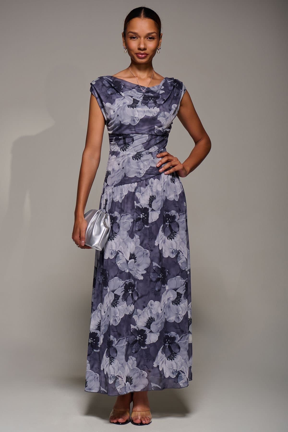Jolie Moi Jolie Moi Women's Asymmetric Draped Mesh Maxi Dress