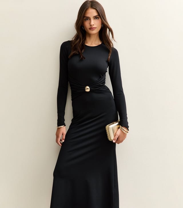 New Look Women's Black Long Sleeve Ruched Gather Waist Midi Dress New Look - 3