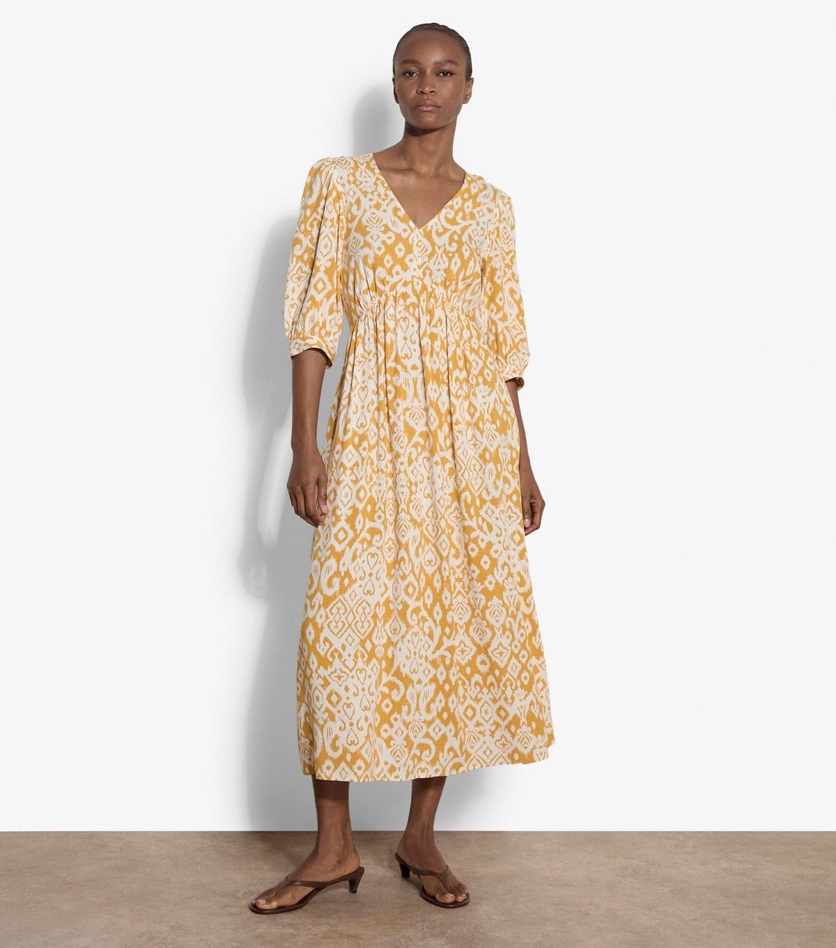 Apricot Yellow Abstract Print Midi Dress