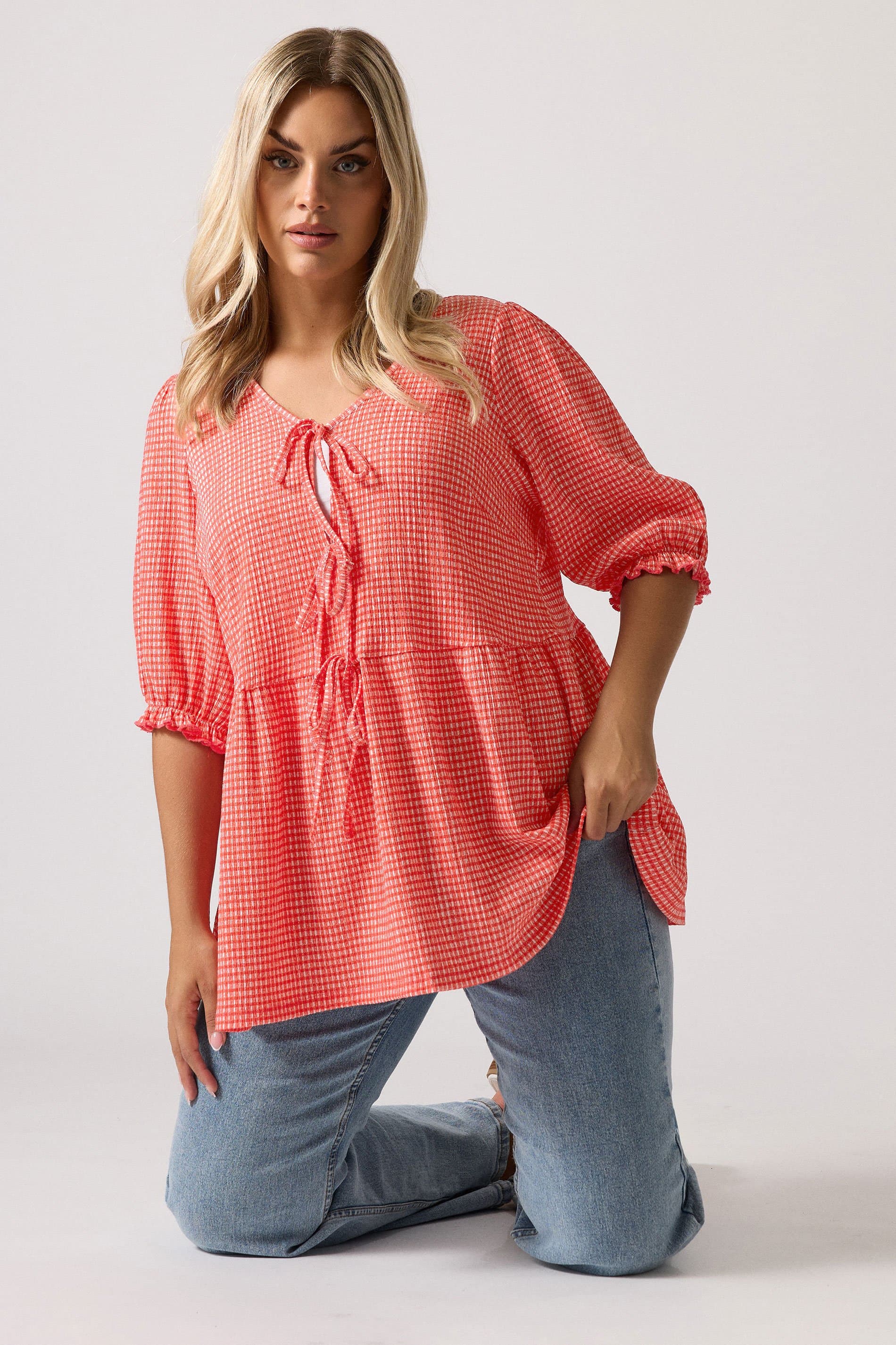 Yours Plus Size Red Gingham Bow Tie Front Peplum Top