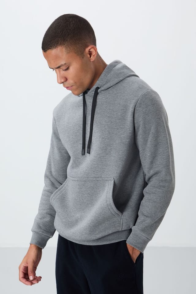 Tommy Life Tommy Life Men's Solid Hooded Sweatshirt With Pocket in Grey - 3