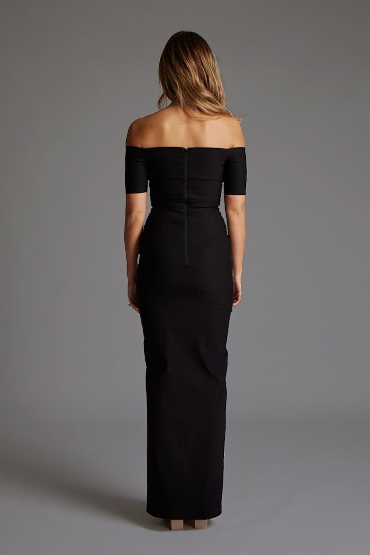 Vesper Vesper Women's Bardot Short Sleeve Maxi Dress with Thigh Split in Black - 4