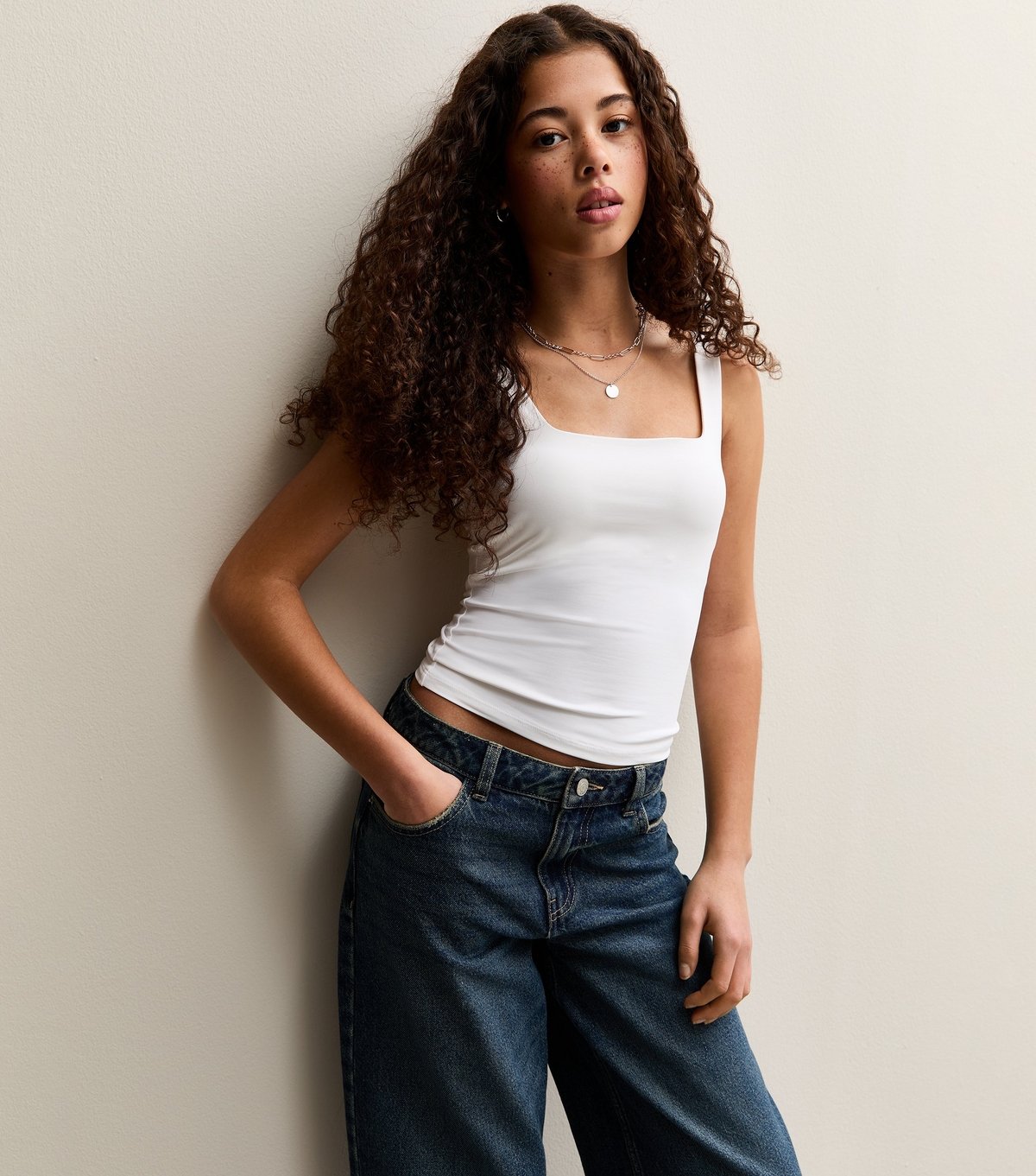 New Look Girls' White Slinky Square Neck Vest Top New Look - 1