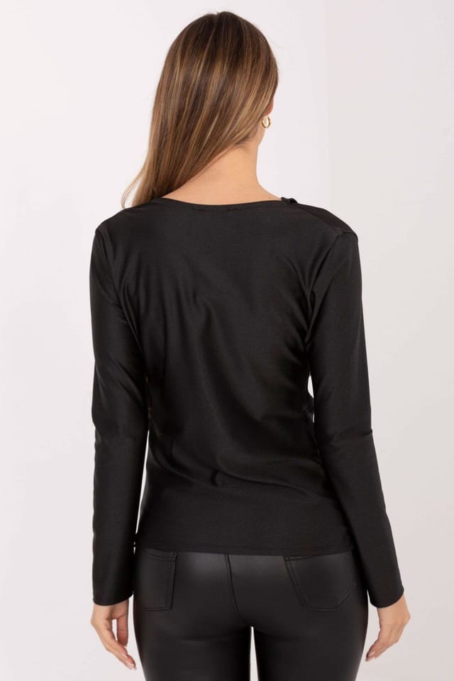 Love Lace Love Lace Women's Elegant Draped Blouse with Pleated Metal Accent in Black - 3