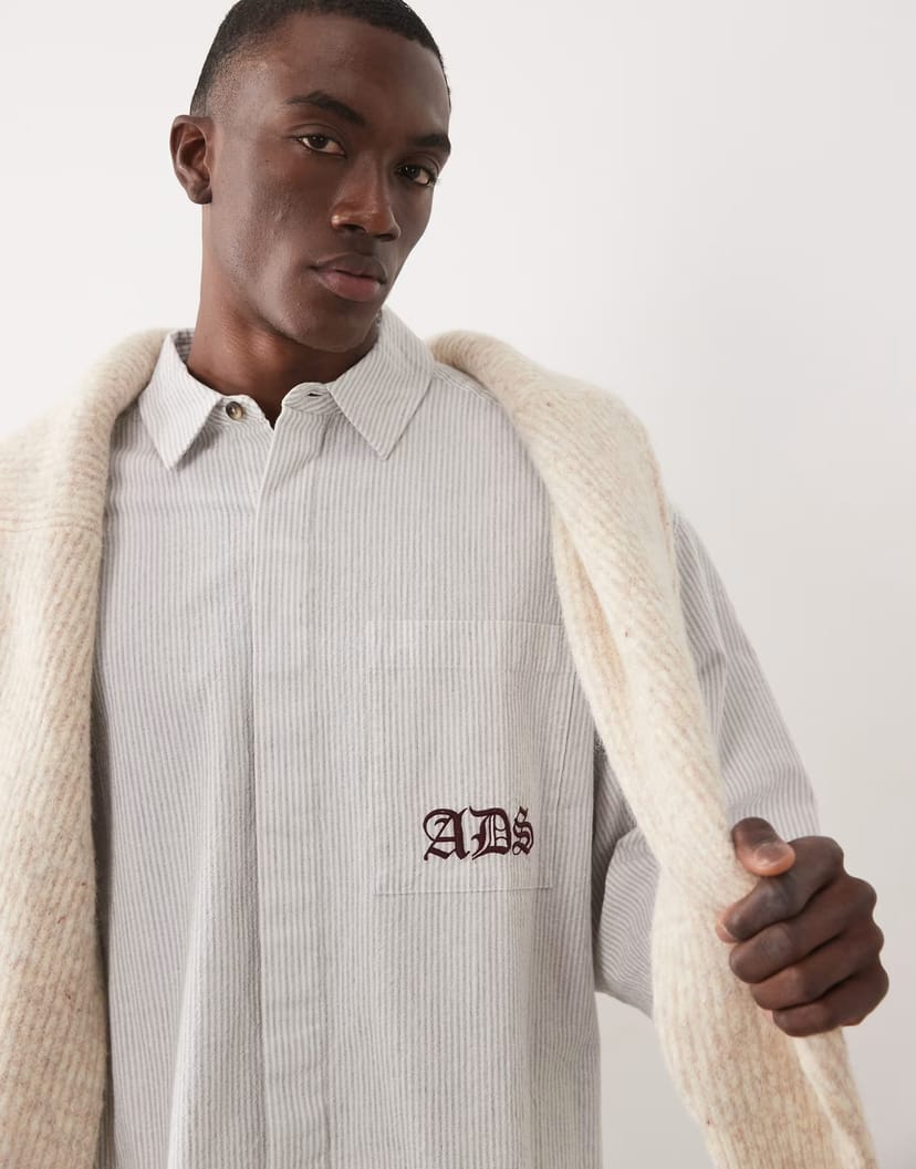 ASOS ASOS DESIGN oversized stripe shirt with pocket embroidery in grey - 1