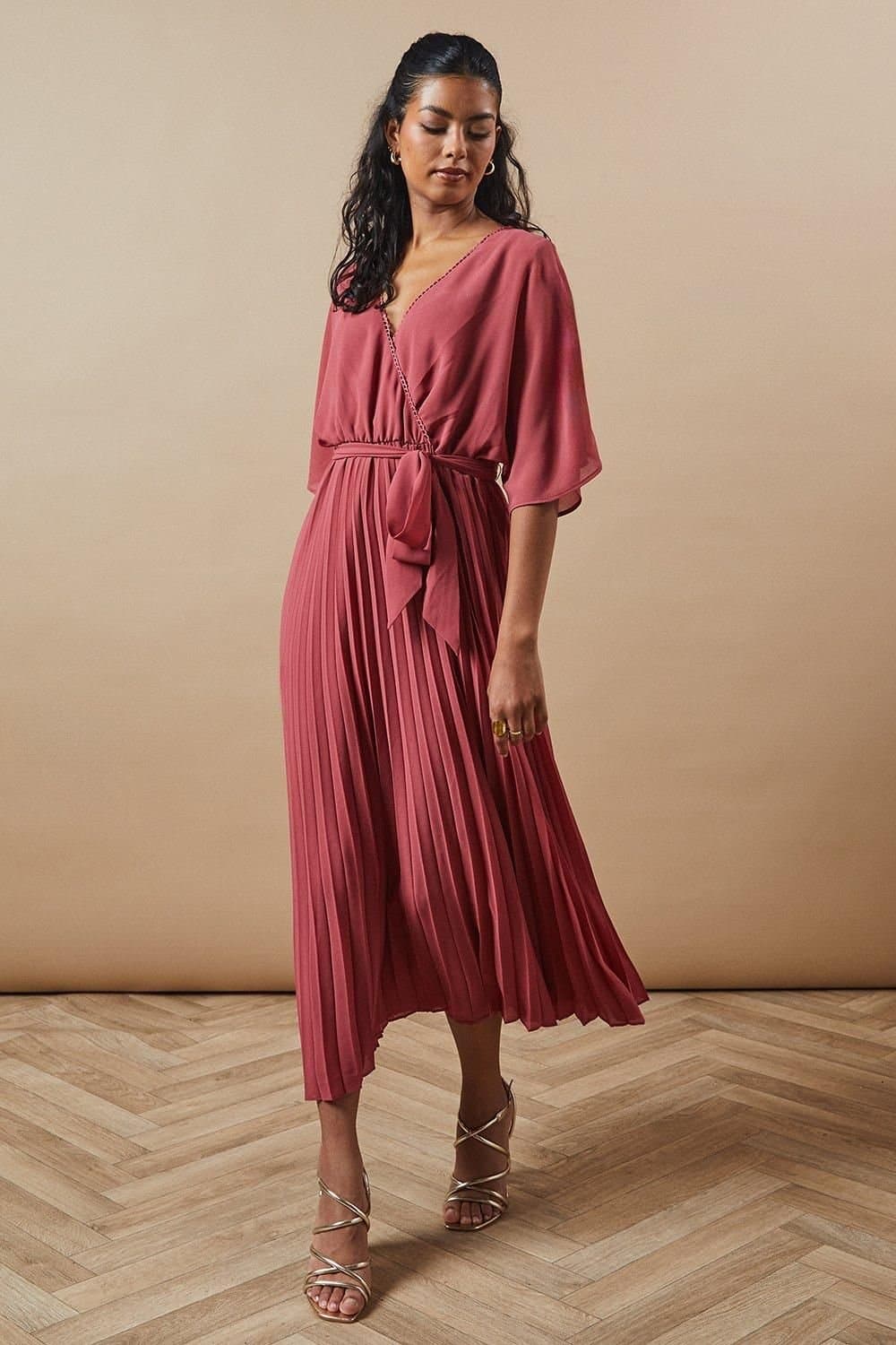 Oasis Oasis Women's Petite Occasion Kimono Sleeve Pleated Midi Dress in Rose