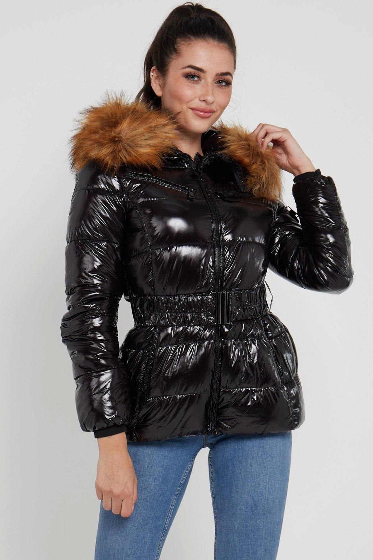 Love Sunshine Love Sunshine Women's Wet Look Belted Puffer Coat with Faux Fur hood in Black