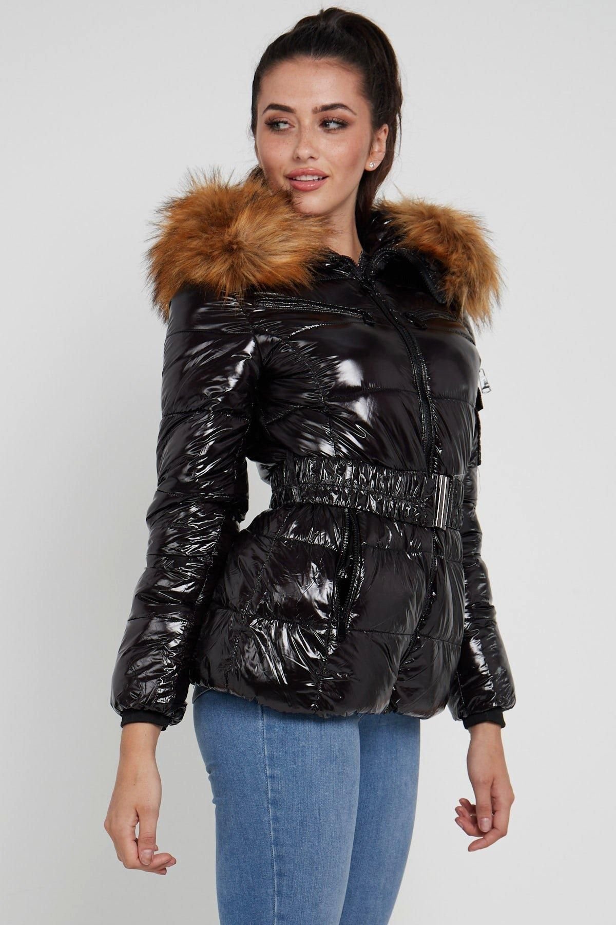 Love Sunshine Love Sunshine Women's Wet Look Belted Puffer Coat with Faux Fur hood in Black - 3