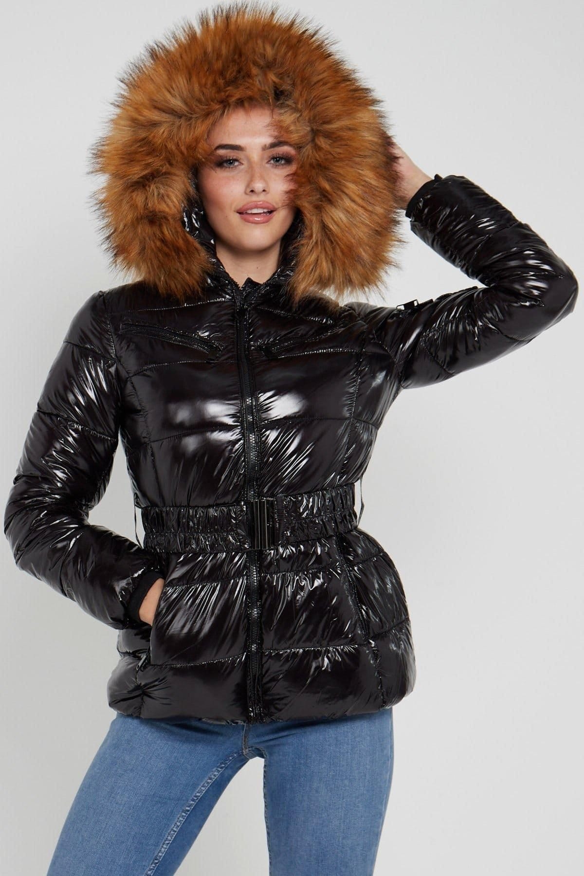 Love Sunshine Love Sunshine Women's Wet Look Belted Puffer Coat with Faux Fur hood in Black - 4