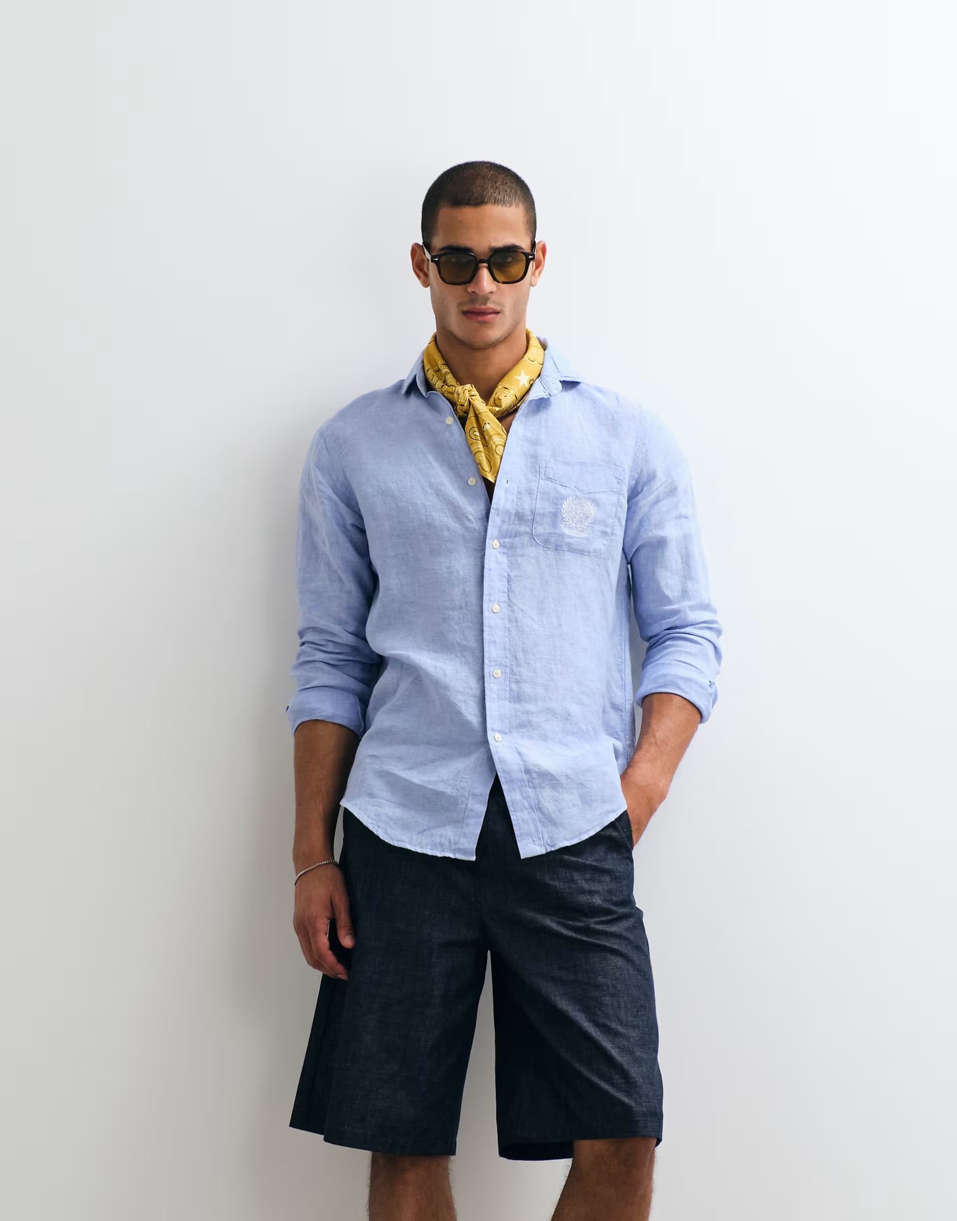 Polo Ralph Lauren Blue Linen Shirt with Crest Embroidery