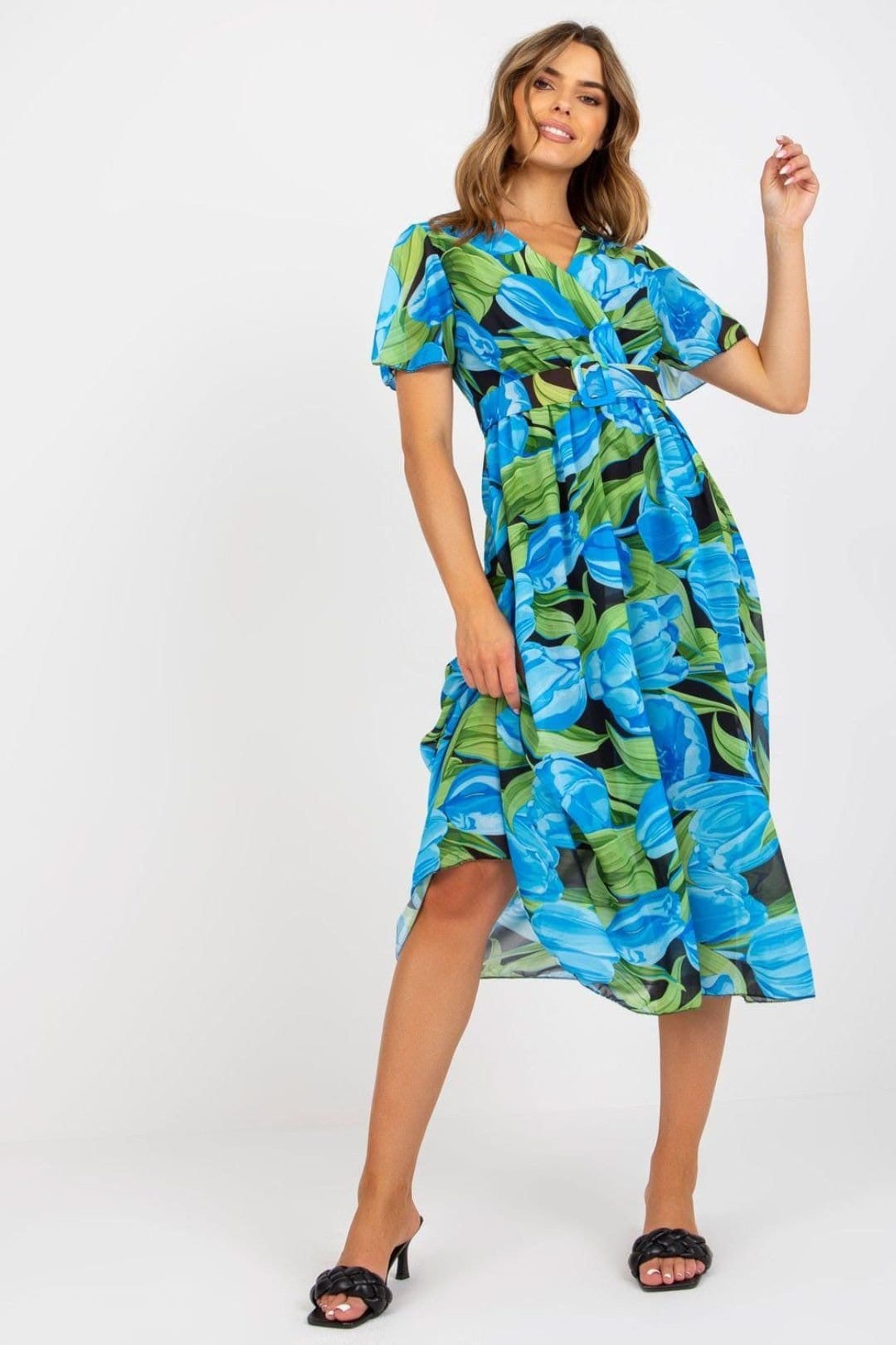 Love Lace Love Lace Women's Floral Pleated Midi Day Dress with Belt in Blue - 1