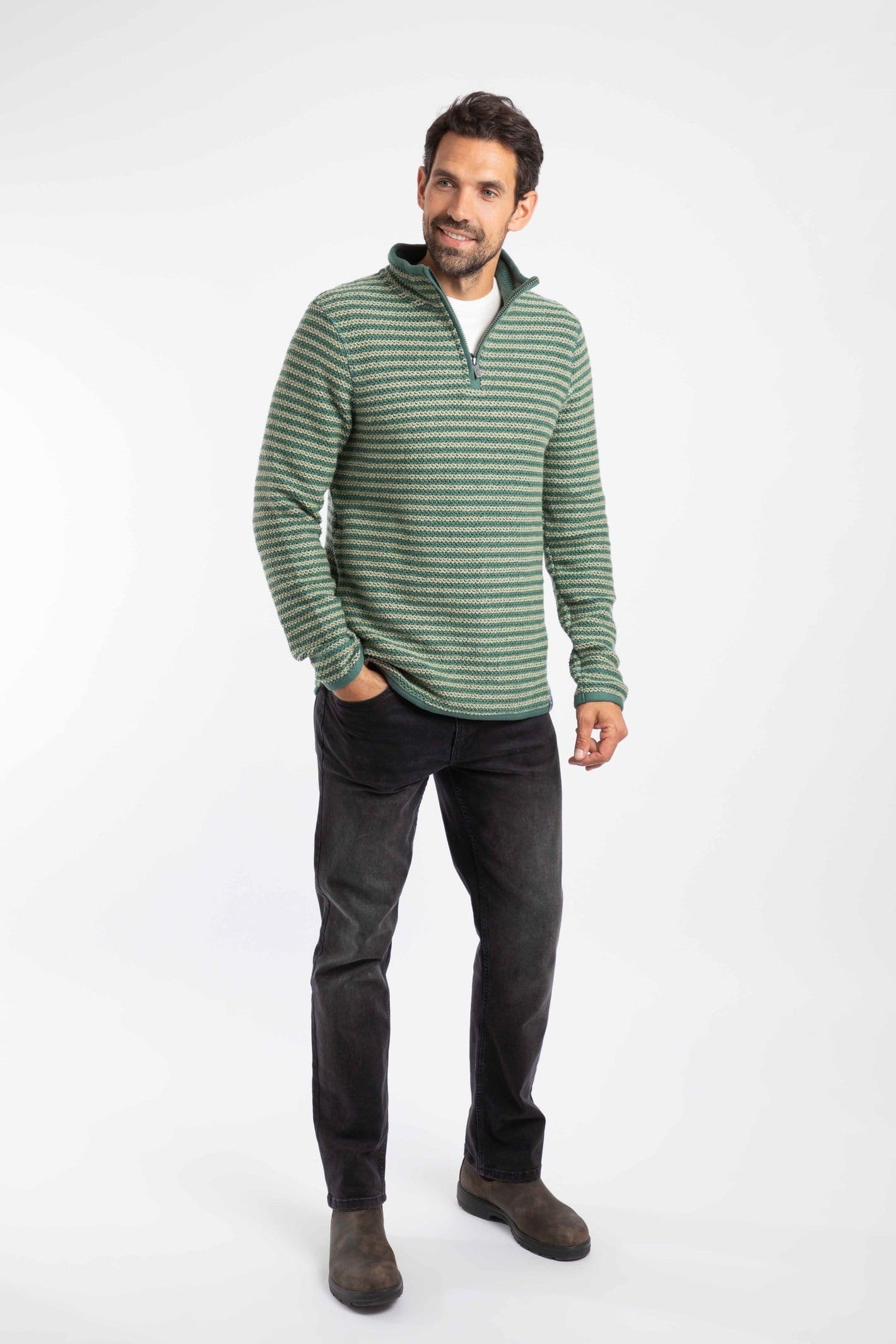 Weird Fish Weird Fish Men's Shorling 1/4 Zip Striped Macaroni Sweatshirt in Dark Olive - 4