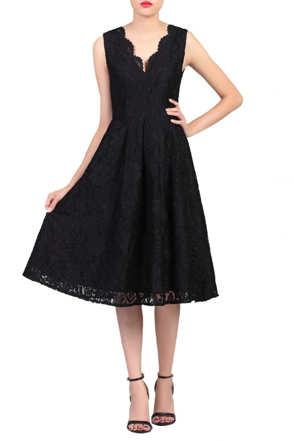 Jolie Moi Jolie Moi Women's V Neck Pleated Lace Prom Dress in Black