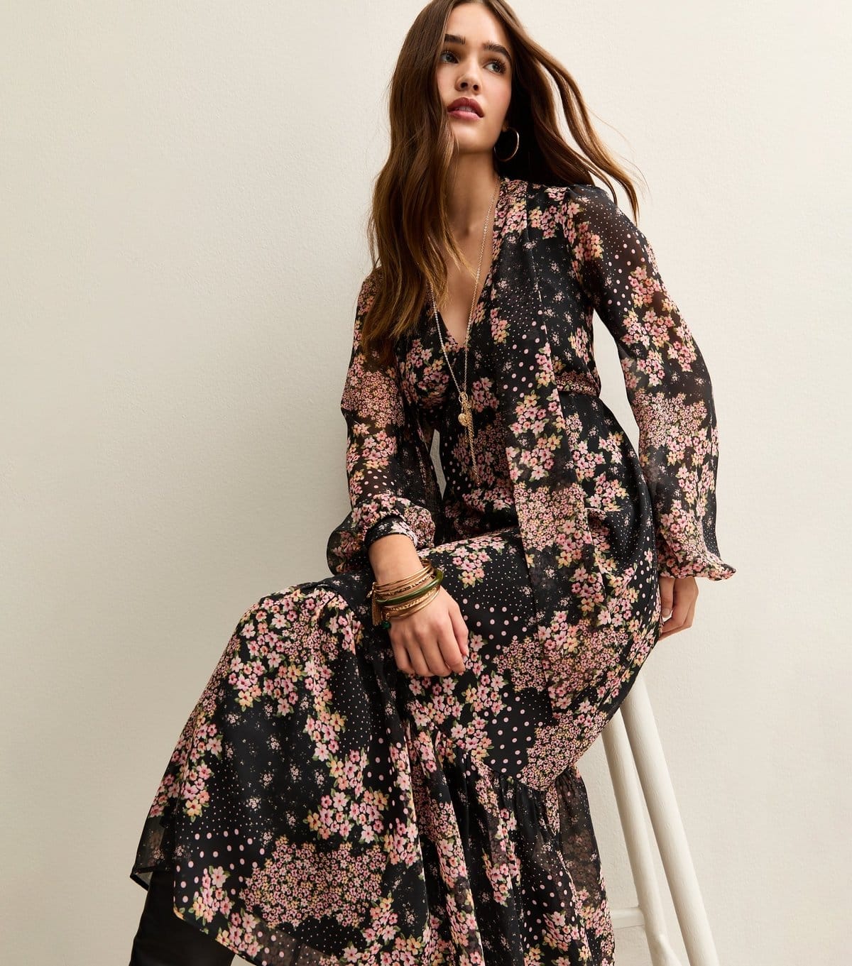 New Look Black Floral Midi Dress