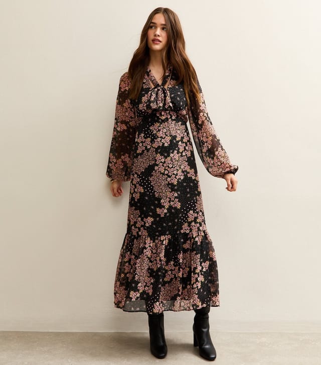New Look Women's Black Floral Print Tie Neck Chiffon Midi Dress New Look - 2
