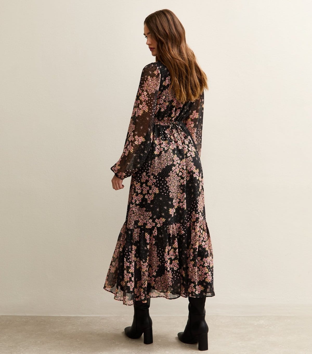 New Look Women's Black Floral Print Tie Neck Chiffon Midi Dress New Look - 4