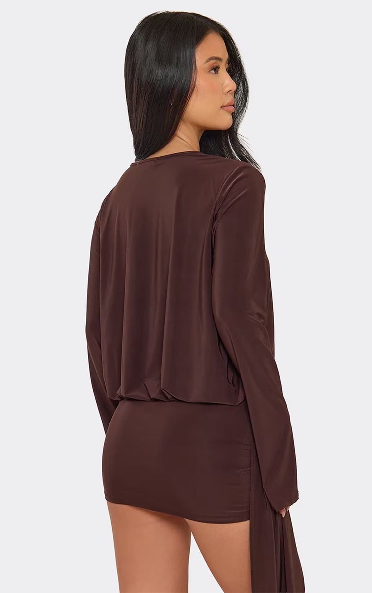 EGO Long Sleeve Plunge Drape Front Blouson Mini Dress In Chocolate Brown Slinky, Women's Size UK 6