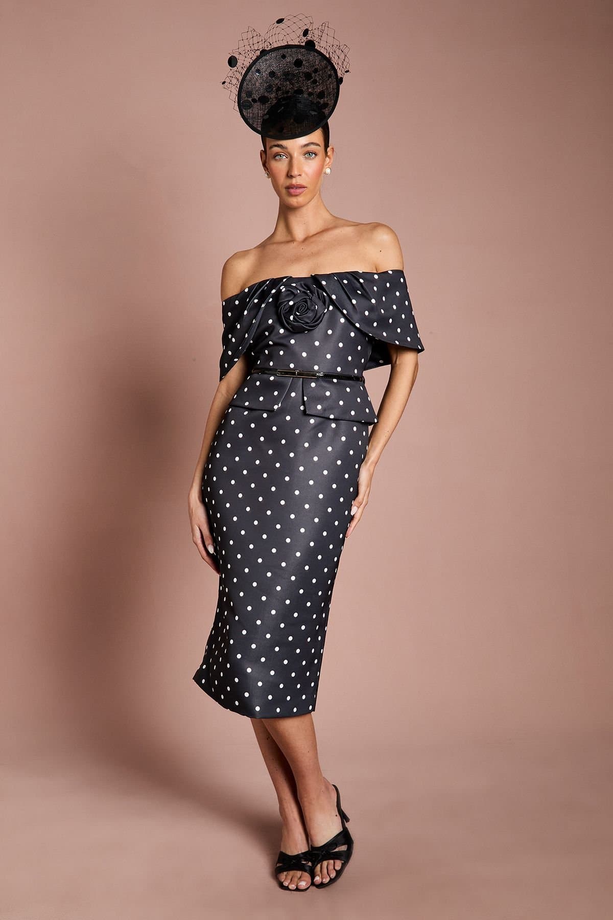 Coast Coast Women's Petite Lisa Tan Spot Print Corsage Off-The Shoulder Pencil Dress in Black