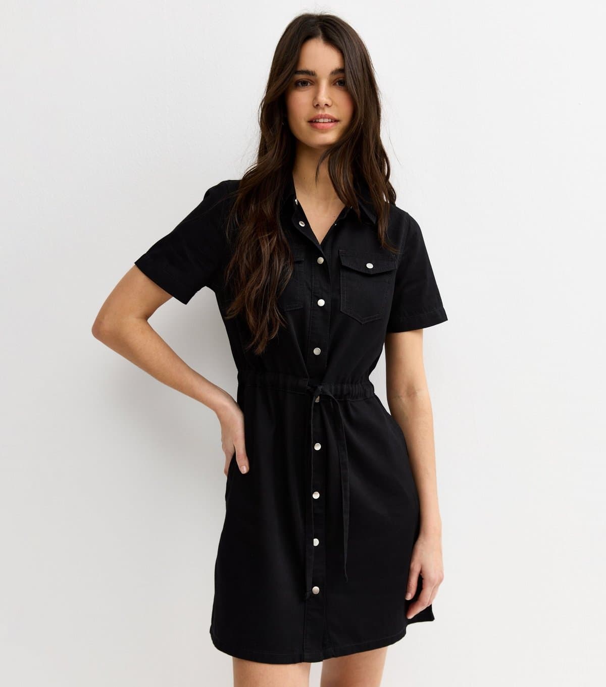 New Look Women's Black Lightweight Denim Shirt A line Mini Dress New Look