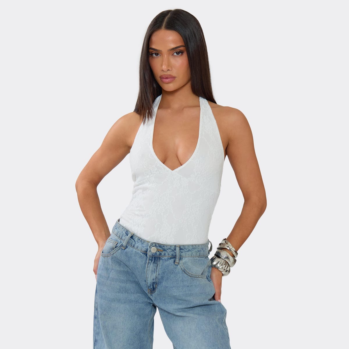 EGO Plunge Neck Bodysuit In White Lace, Women's Size UK 6 - 1