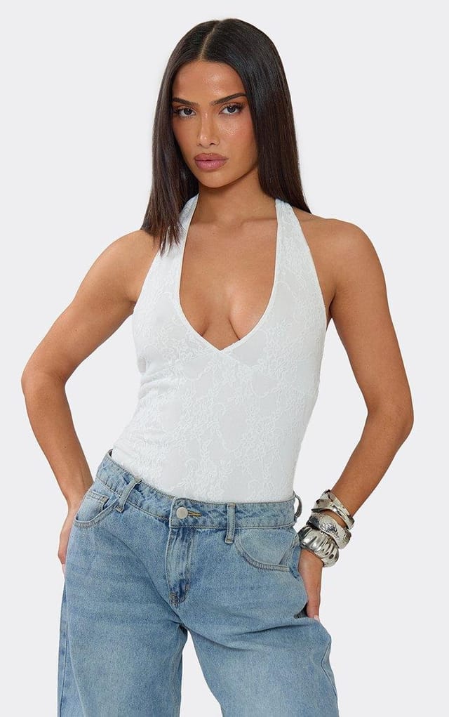 EGO Plunge Neck Bodysuit In White Lace, Women's Size UK 6 - 2