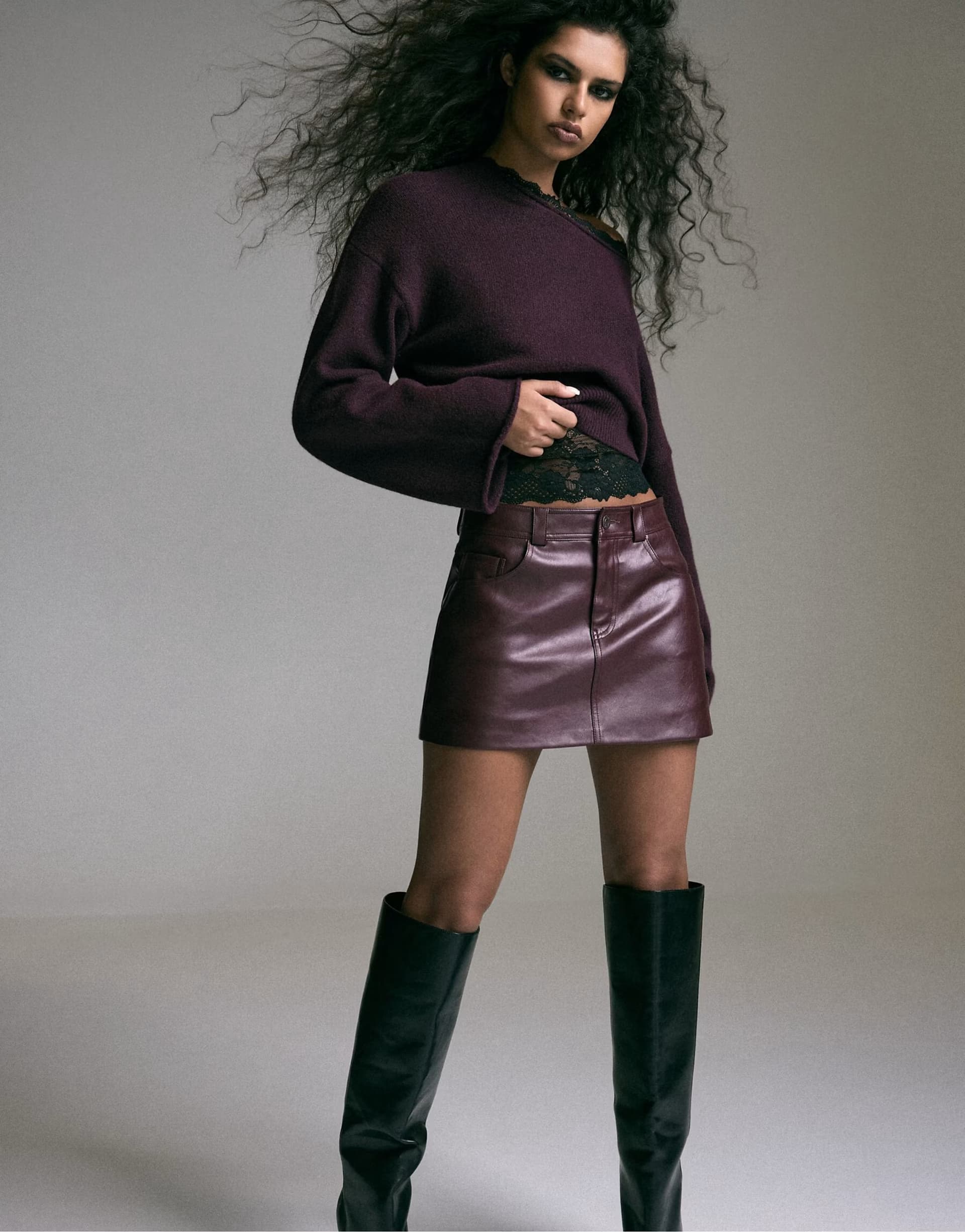 ASOS Stradivarius D62 leather effect skort in burgundy