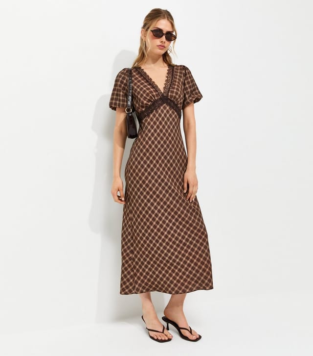 New Look Women's Brown Check Lace Trim Puff Sleeve Midi Dress New Look - 2