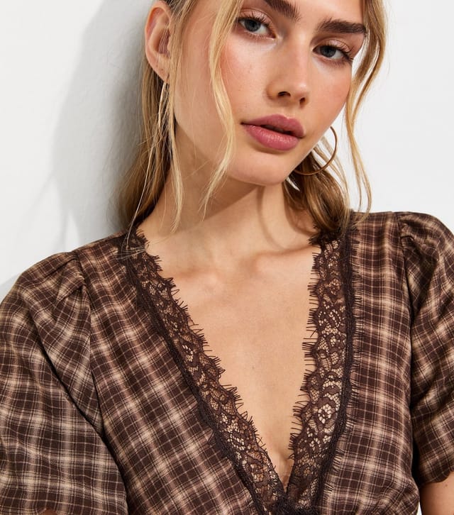 New Look Women's Brown Check Lace Trim Puff Sleeve Midi Dress New Look - 3