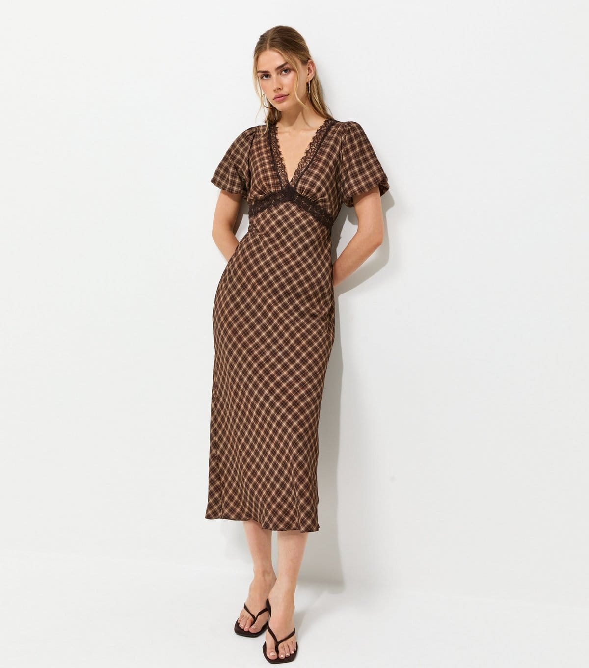 New Look Women's Brown Check Lace Trim Puff Sleeve Midi Dress New Look - 4