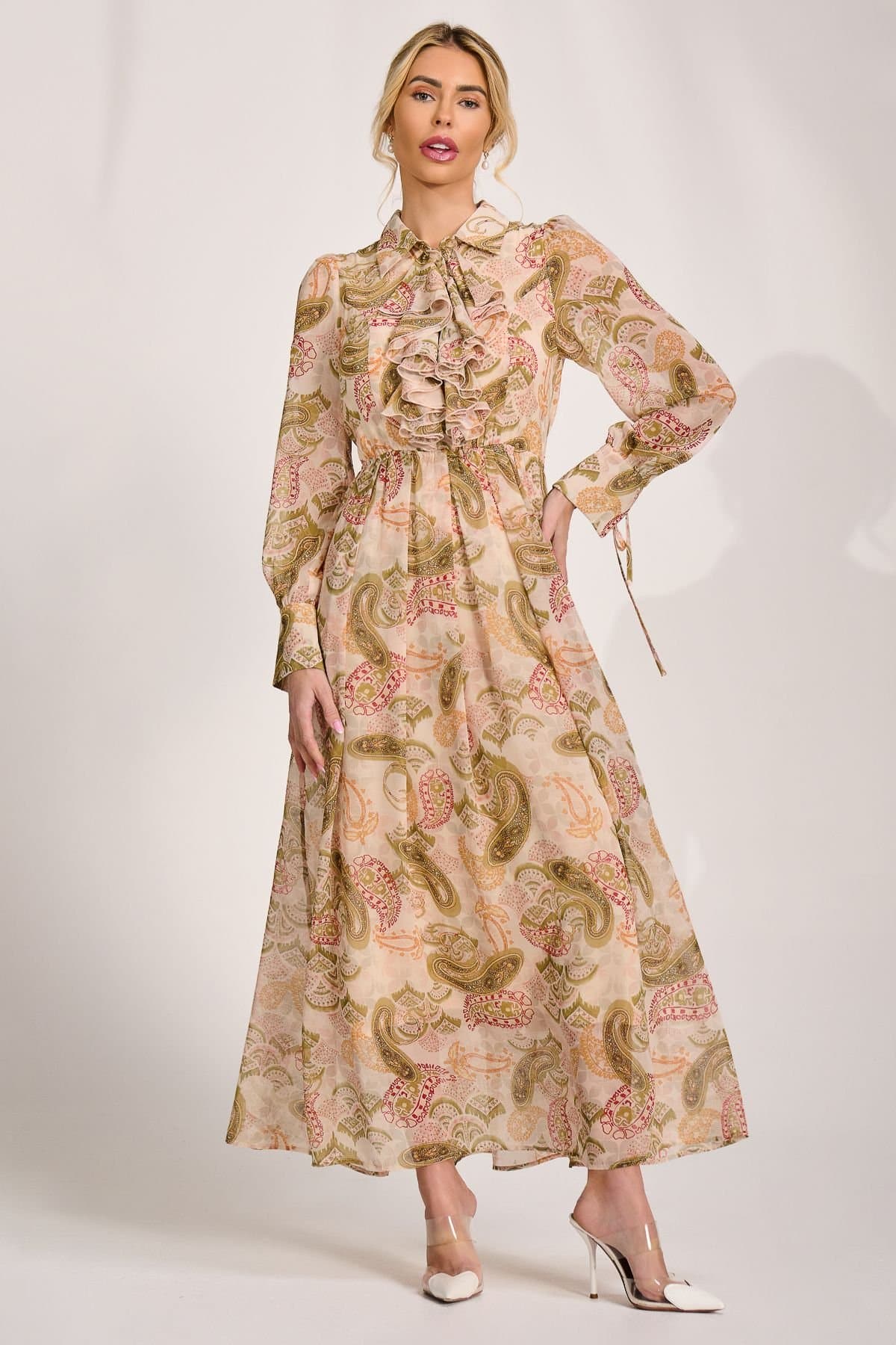 Jolie Moi Jolie Moi Women's Long Sleeve Ruffle Chiffon Shirt Maxi Dress in Light Beige