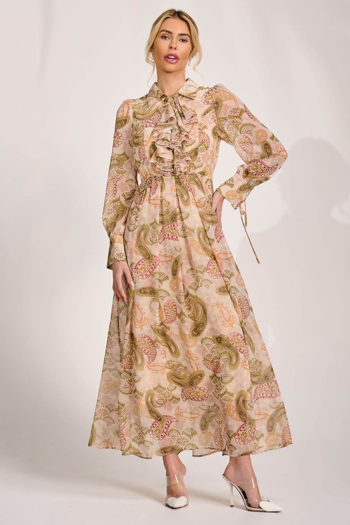 Jolie Moi Paisley Print Long Sleeve Ruffle Chiffon Shirt Maxi