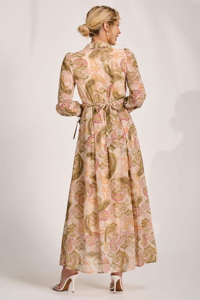 Jolie Moi Jolie Moi Women's Long Sleeve Ruffle Chiffon Shirt Maxi Dress in Light Beige - 2