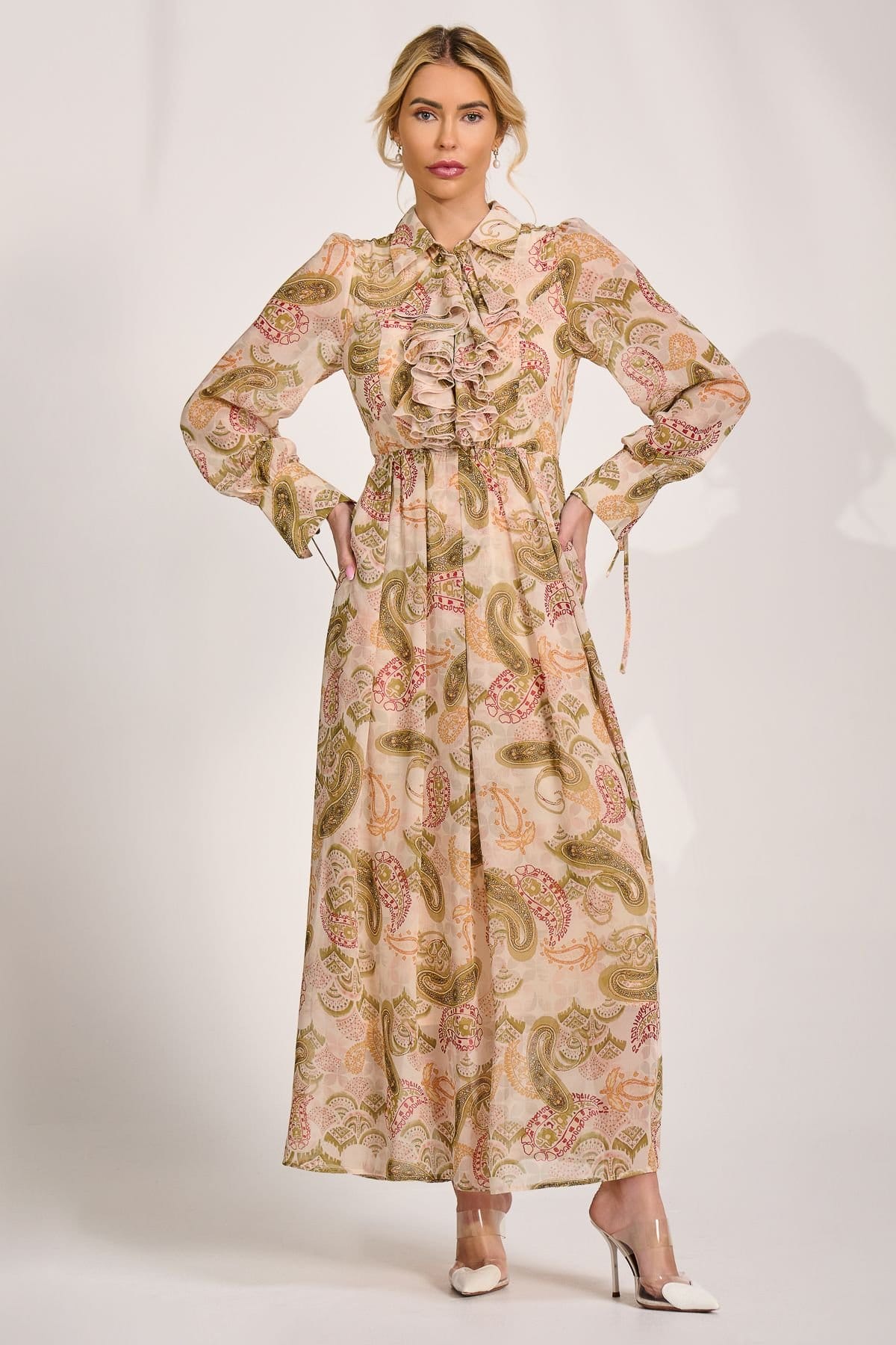 Jolie Moi Jolie Moi Women's Long Sleeve Ruffle Chiffon Shirt Maxi Dress in Light Beige - 4