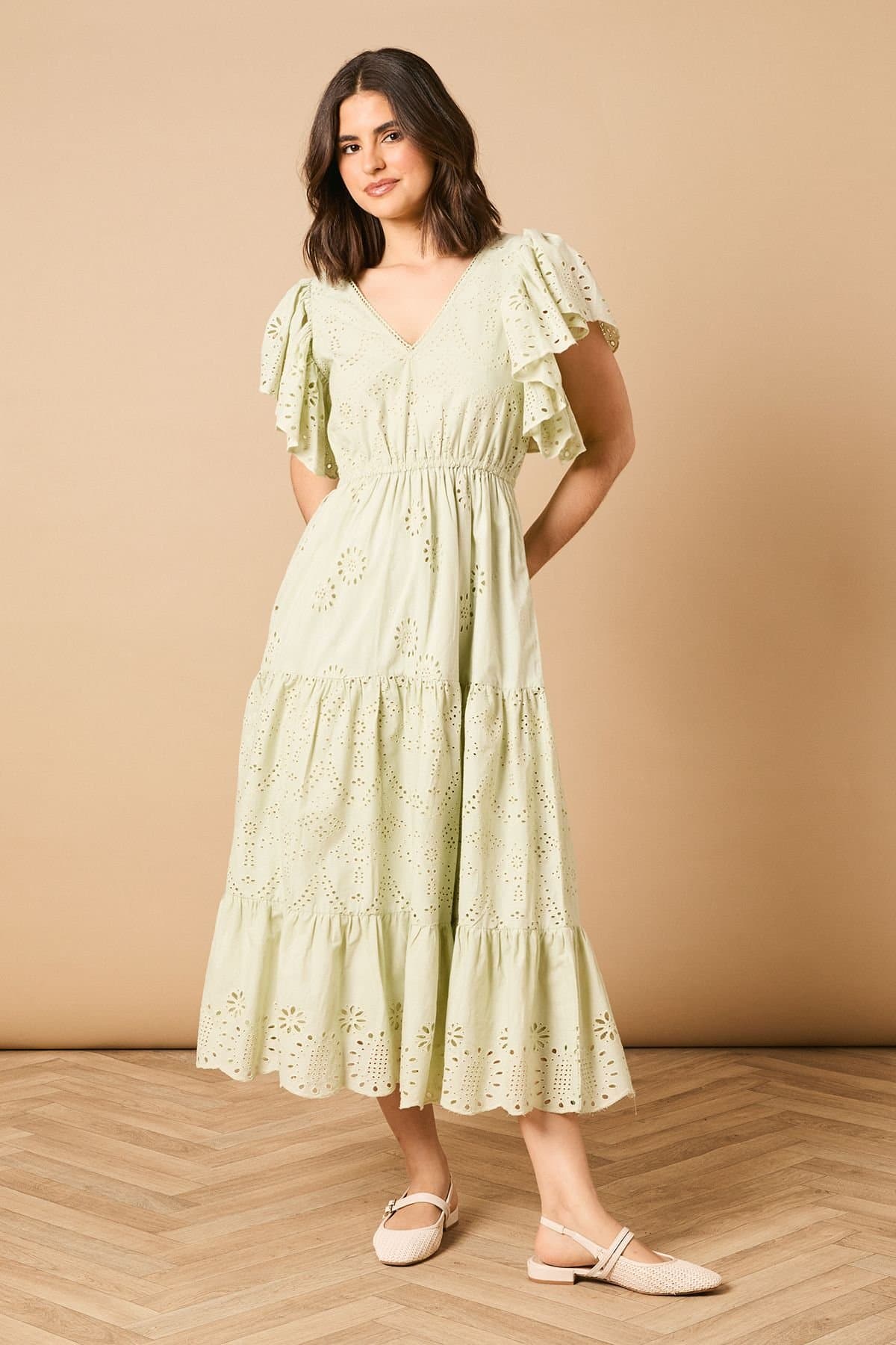 Oasis Oasis Women's Broderie V Neck Angel Sleeve Maxi Dress in Sage