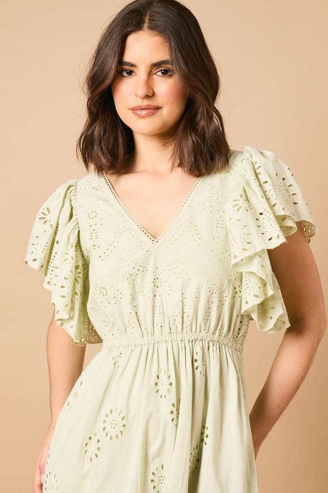 Oasis Oasis Women's Broderie V Neck Angel Sleeve Maxi Dress in Sage - 3