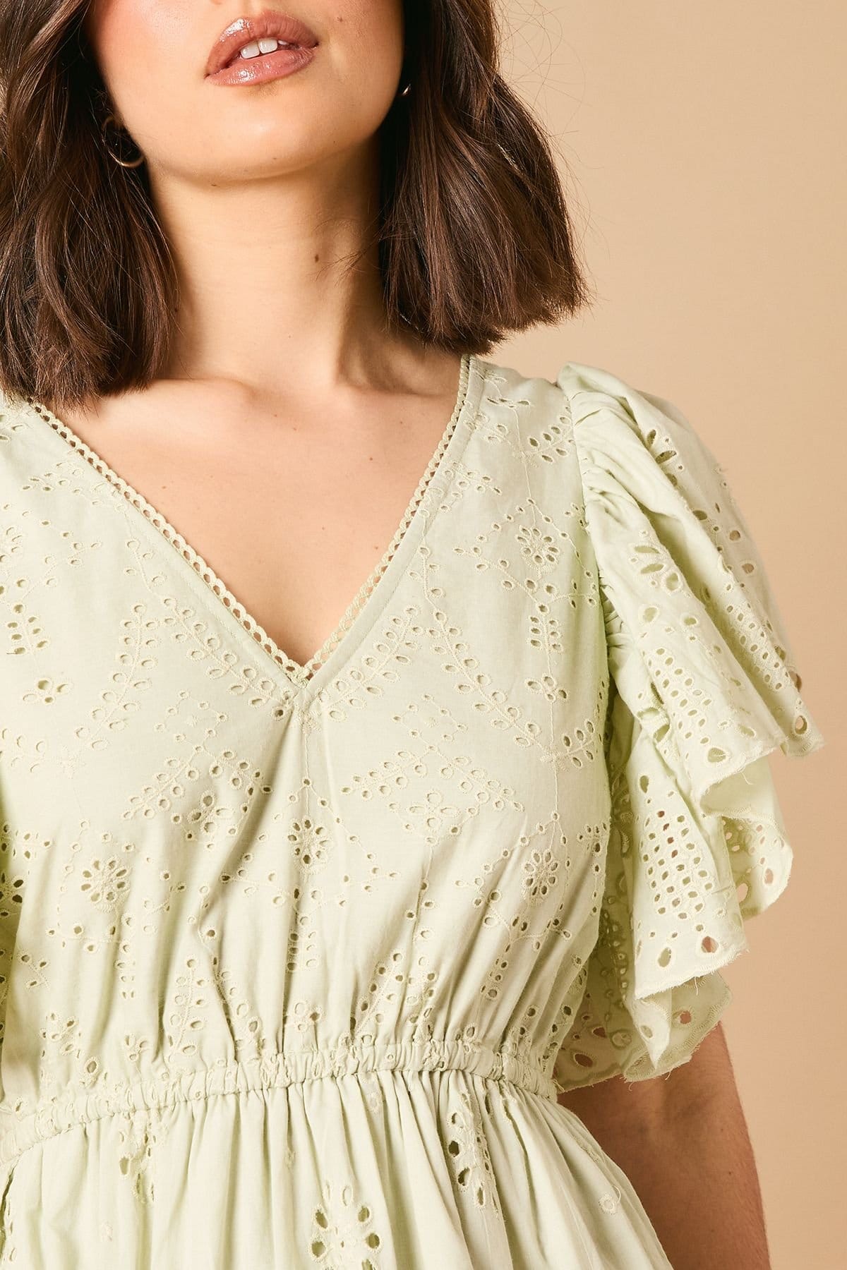 Oasis Oasis Women's Broderie V Neck Angel Sleeve Maxi Dress in Sage - 4