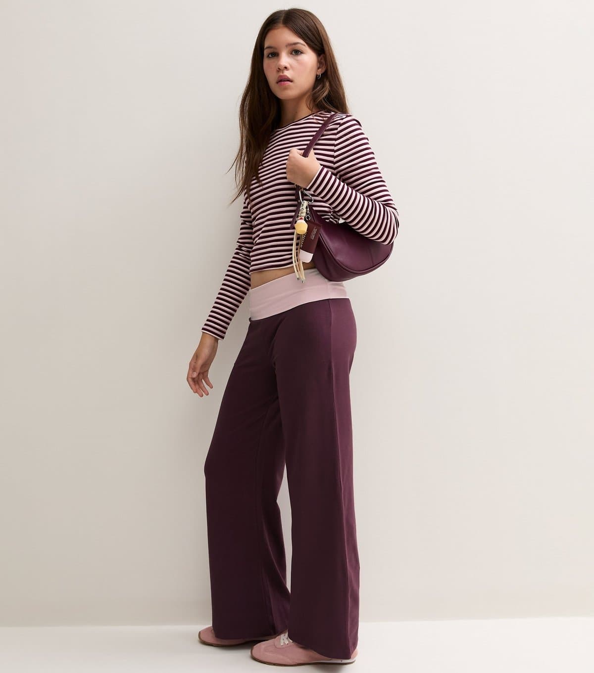 New Look Girls' Burgundy Cotton Rich Contrast Fold Over Waistband Leggings New Look