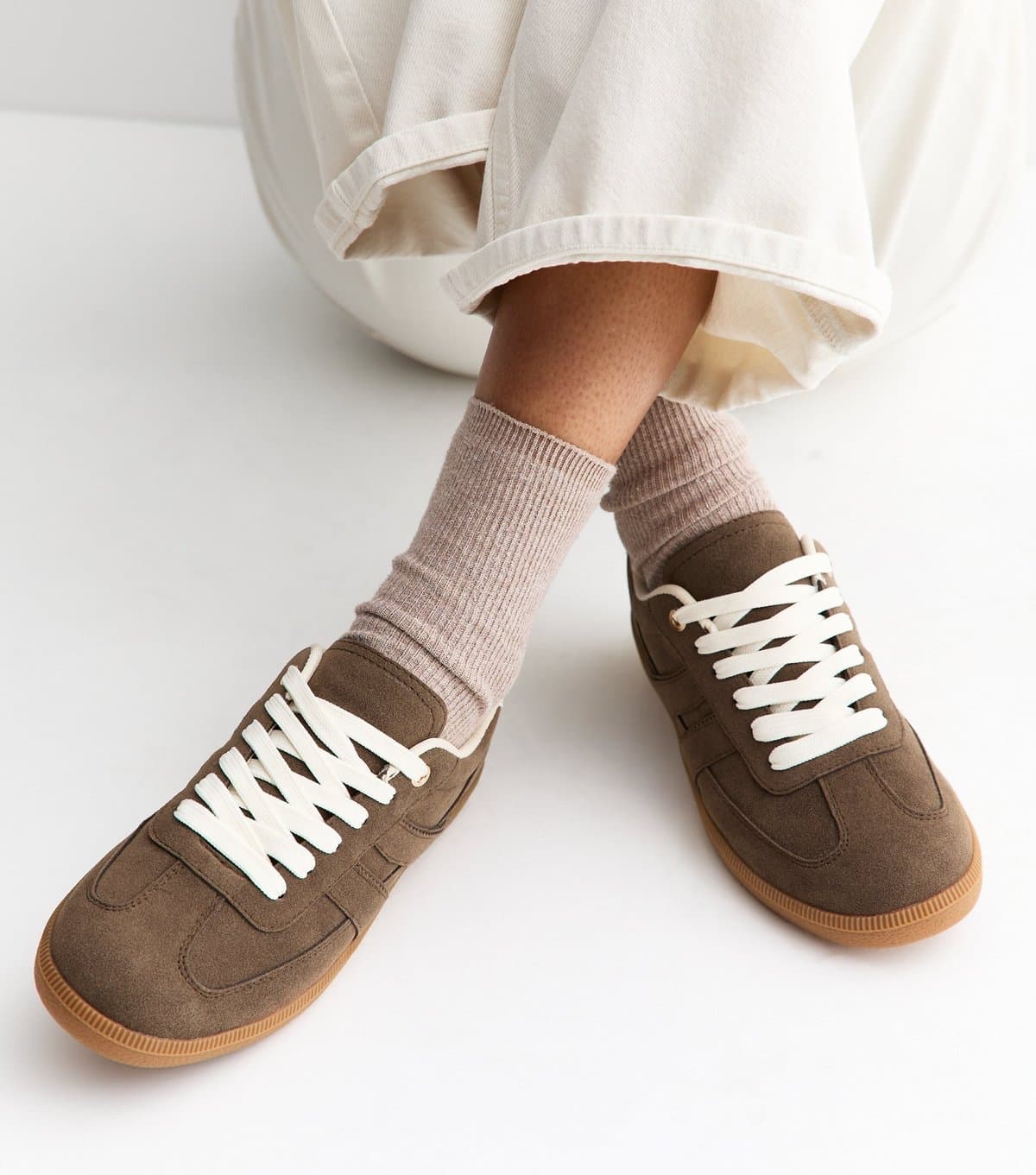 New Look Women's Light Brown Faux Brushed Leather Lace Up Trainers Vegan New Look