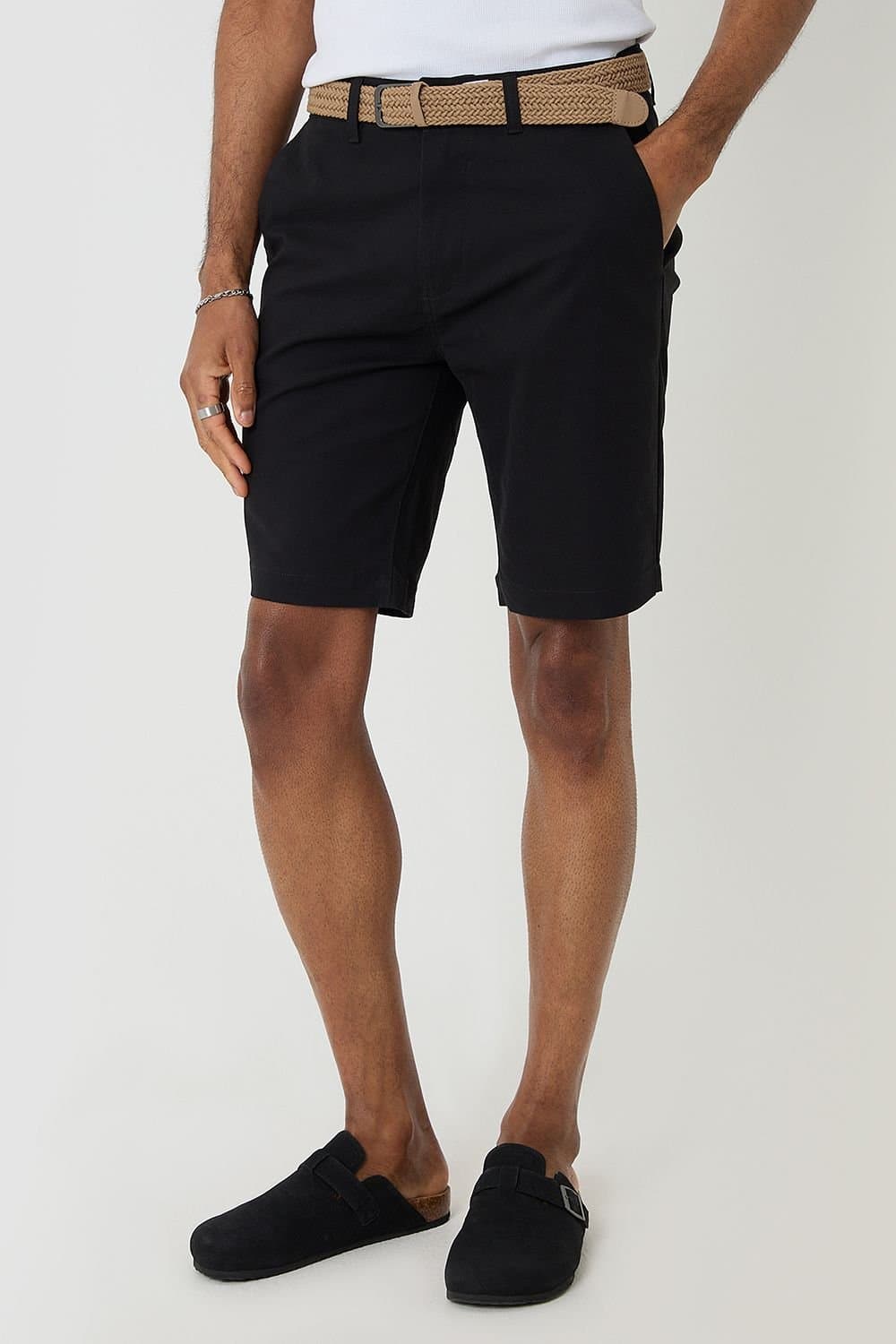 Threadbare Threadbare Men's Cotton Chino Shorts with Woven Belt in Black