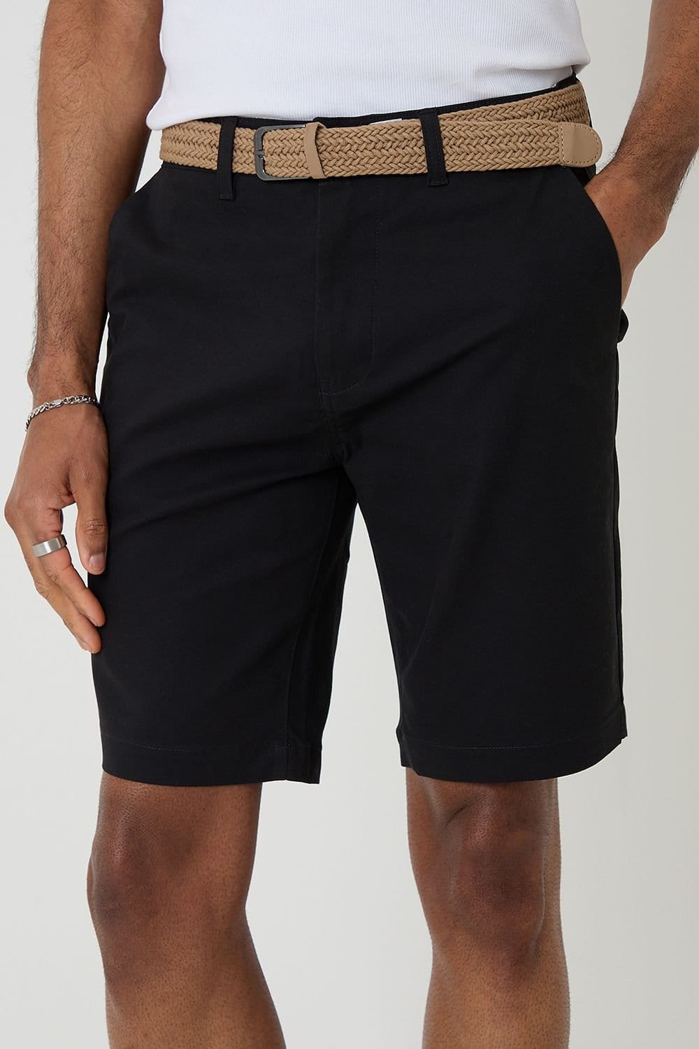 Threadbare Threadbare Men's Cotton Chino Shorts with Woven Belt in Black - 4