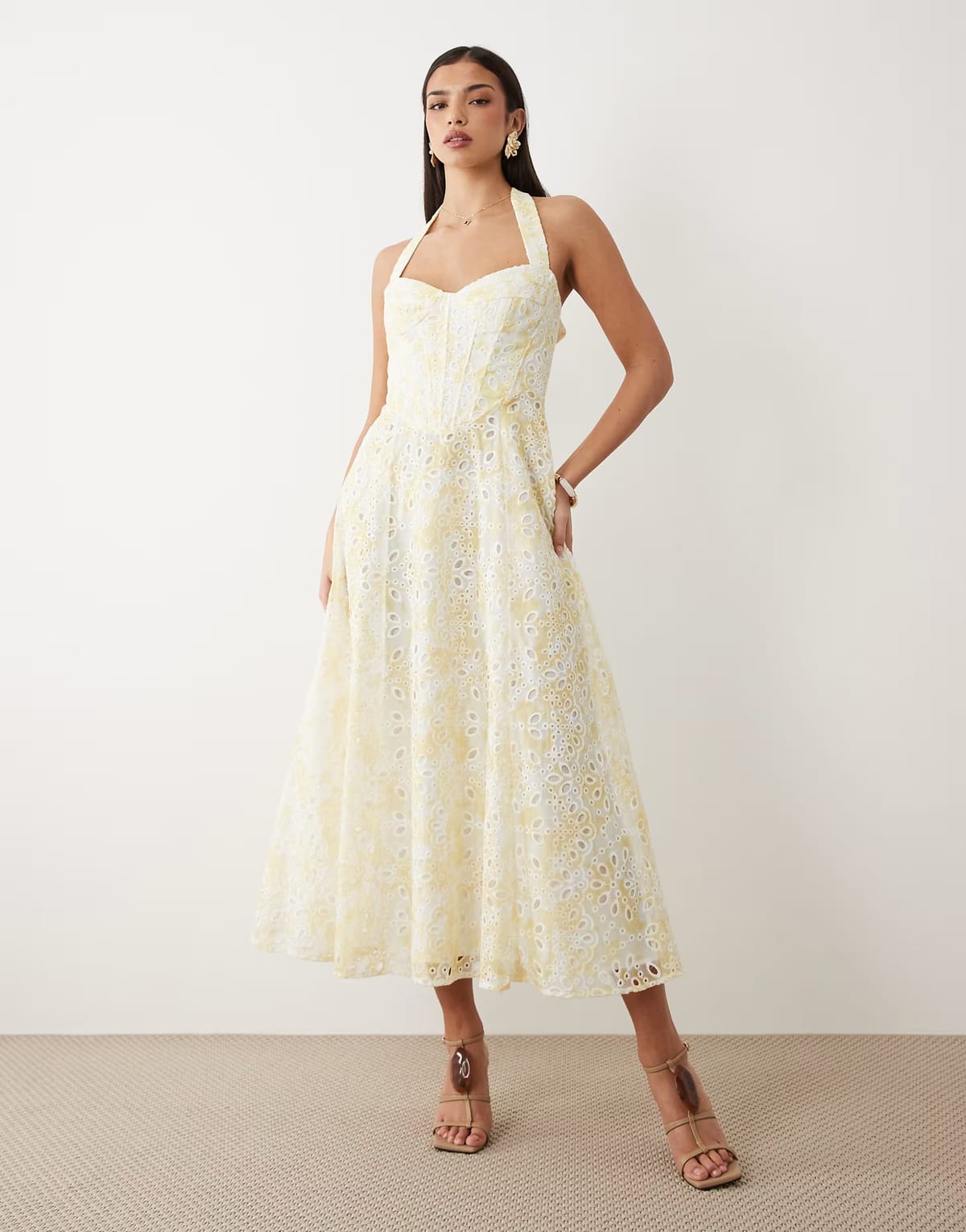 ASOS Bardot Pollie broderie halter midi dress in yellow floral - 1
