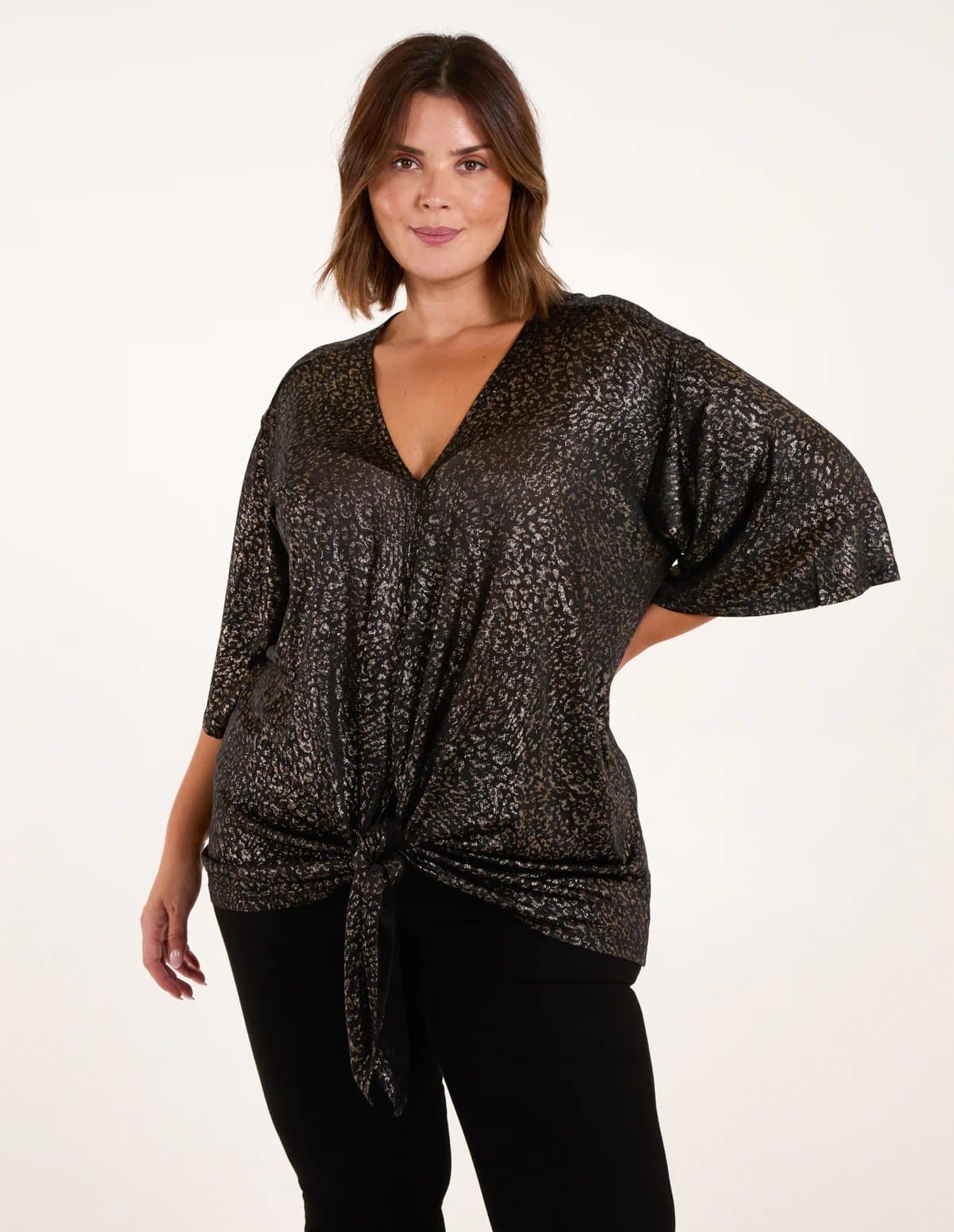 Blue Vanilla Curve Leopard V Neck Tie Front Top